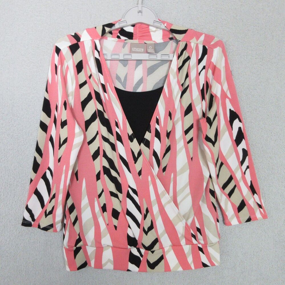 Chicos Top Womens O (S/4) Zebra Print Pink Black Beige 3/4 Sleeve Layered